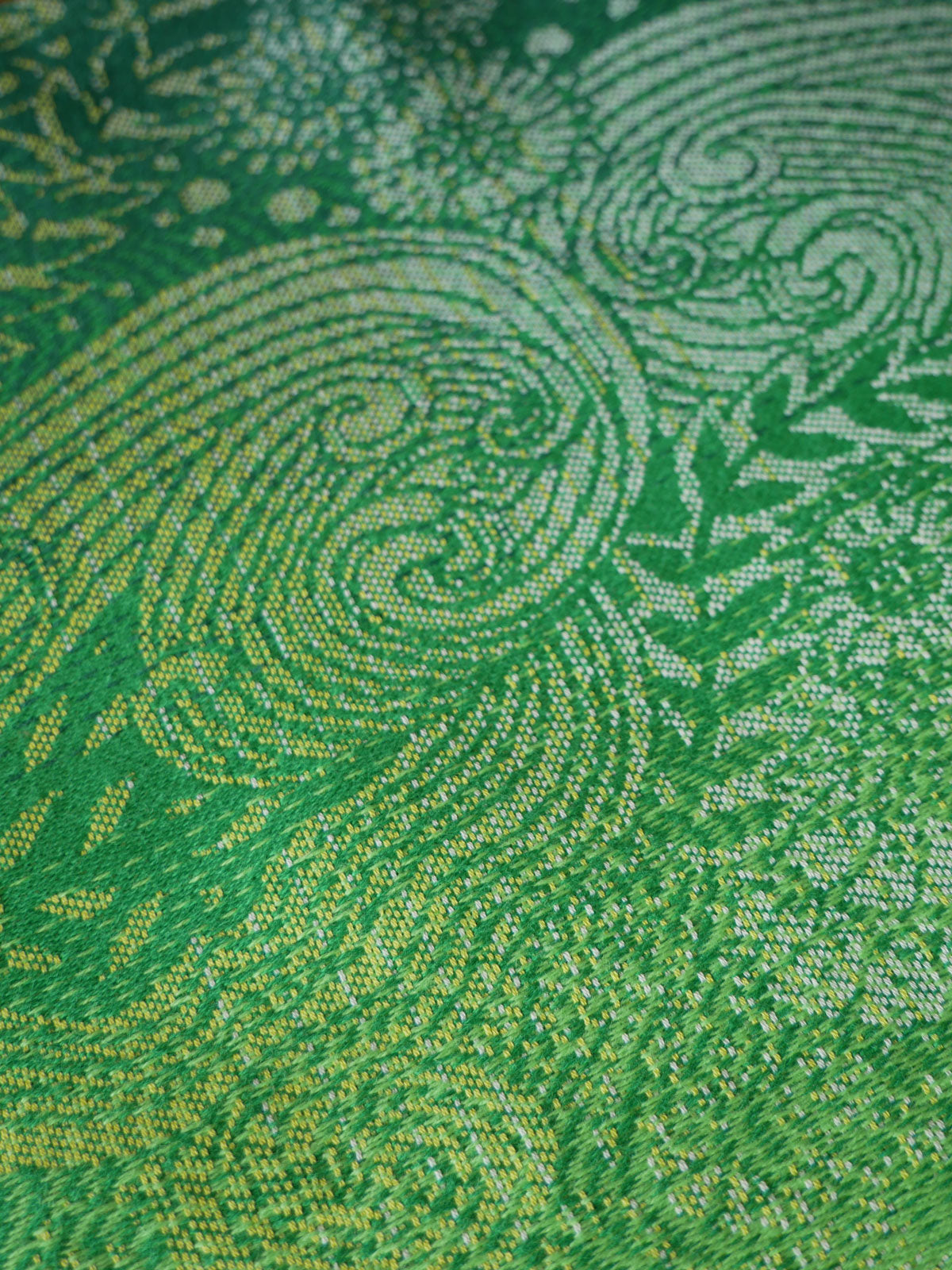 Close-up of green fabric with intricate pattern