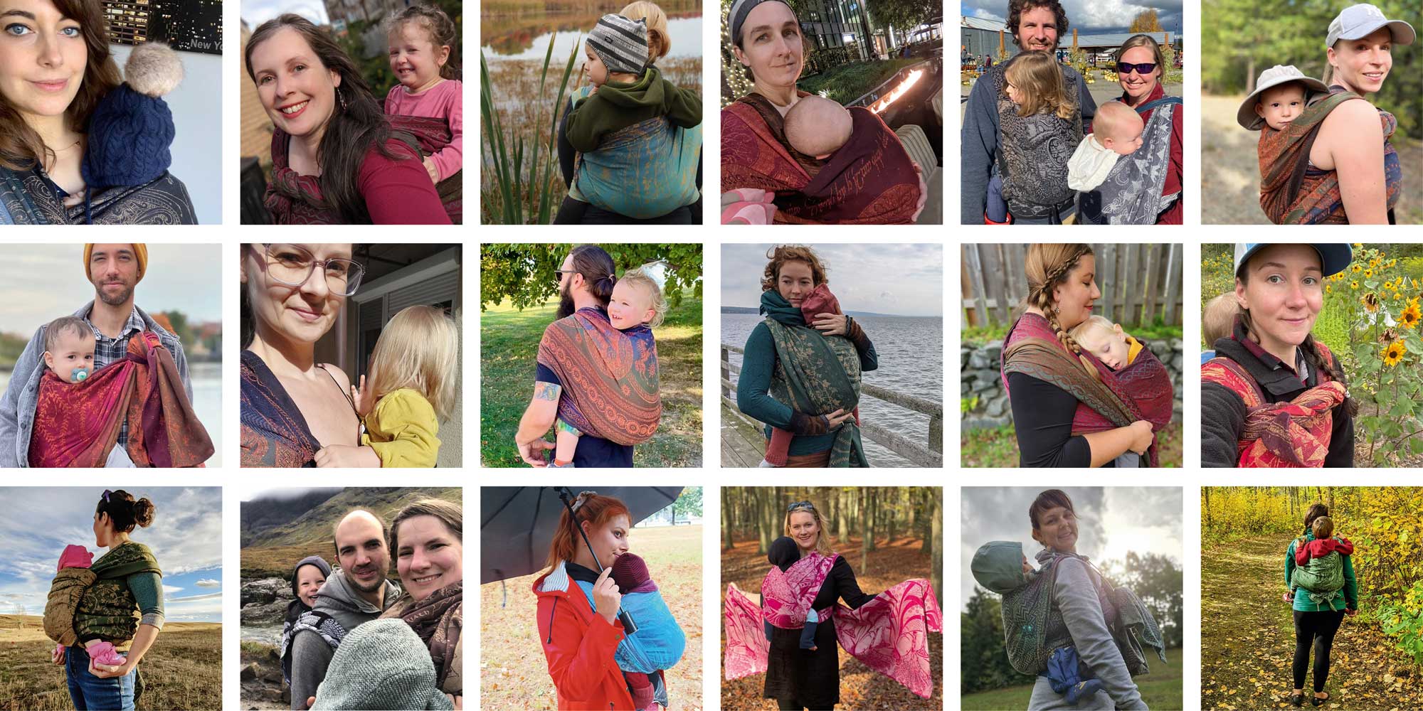 collage of customers wearing baby carriers
